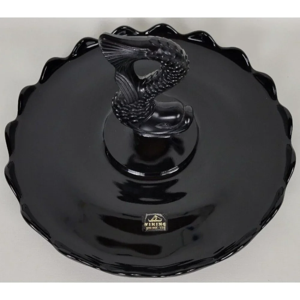Vintage Viking‎ Glass Black Amethyst Dolphin Fish Serving Tray Platter 11